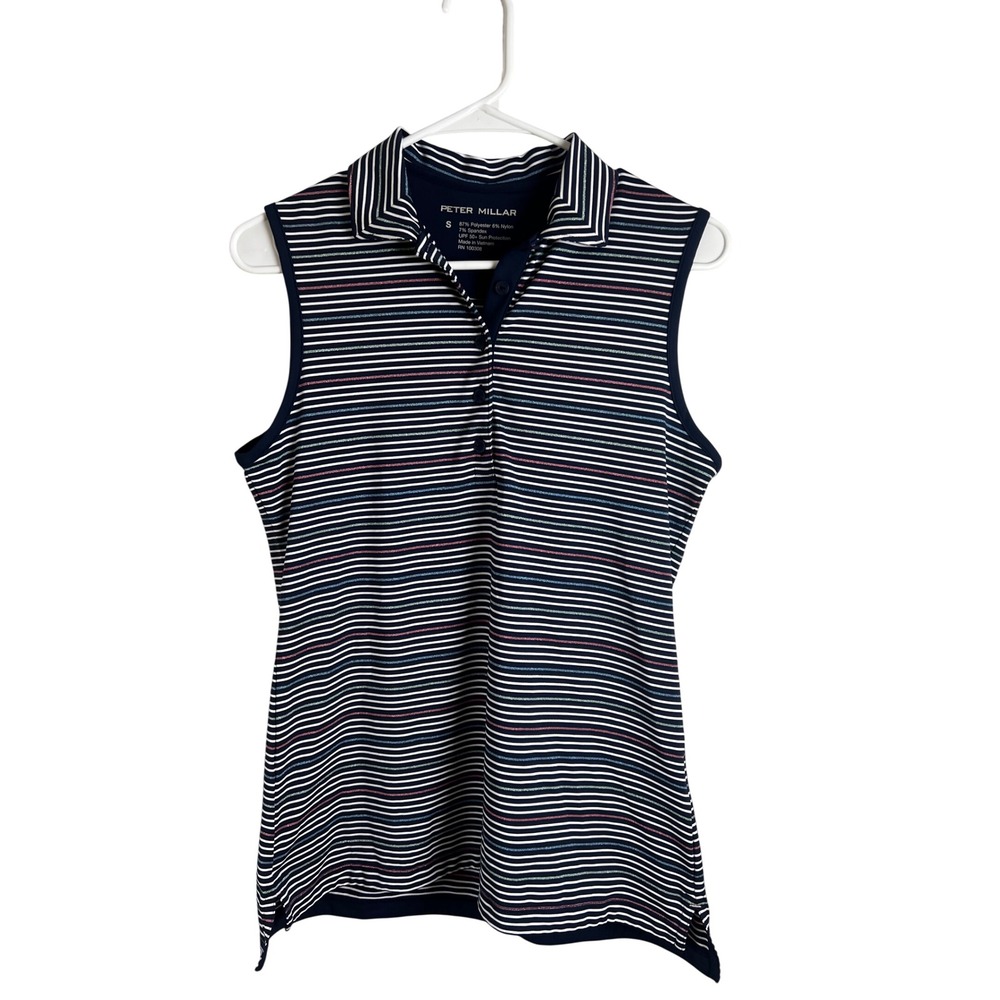 Peter Millar Sleeveless Golf Polo Shirt Size Small Striped Navy UPF 50 Spory